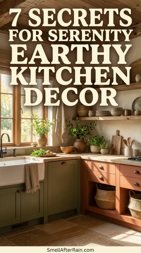 A bright modern boho kitchen featuring two-tone cabinets in sage green and terracotta, a white farmhouse sink, and open shelving filled with plants and pottery. Wicker baskets and wooden textures highlight the 7 Secrets for Serenity Earthy Kitchen Decor, creating a warm, biophilic atmosphere.