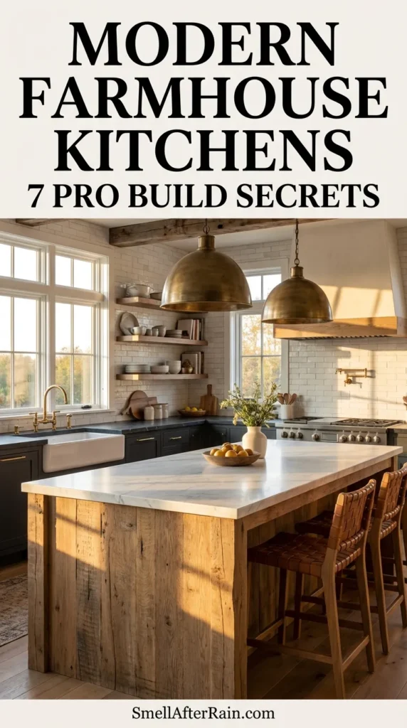Bright and airy kitchen interior featuring a natural wood island with vintage stools and white cabinetry, showcasing Modern Farmhouse Kitchens 7 Pro Build Secrets. The design includes glass pendant lighting, open wooden shelves, and cozy neutral decor. Text overlay reads Farmhouse Rustic Farmhouse. Perfect inspiration for kitchen remodeling and interior design.