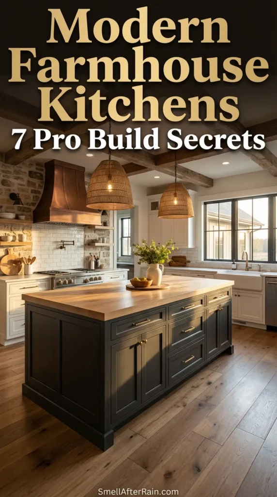 A moody farmhouse kitchen featuring dark teal cabinets, rustic wooden beams, and a stone wall. The scene represents Modern Farmhouse Kitchens 7 Pro Build Secrets, showing layers of lighting, white countertops, and shaker-style cabinetry architecture for a cozy, character-filled home design.