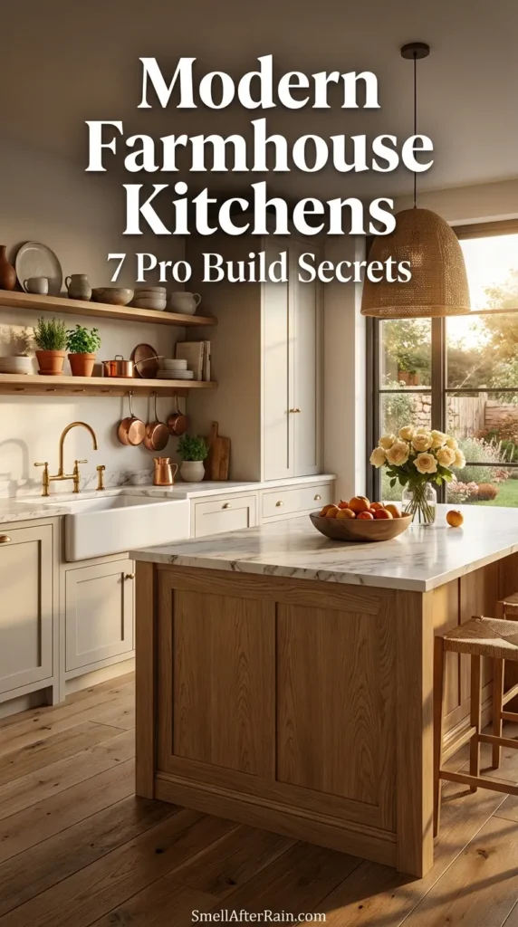 A cozy, sunlit interior showcasing Modern Farmhouse Kitchens 7 Pro Build Secrets. The space features warm neutral cabinets, a white apron front sink with a brass bridge faucet, and open wooden shelving. A rustic wooden dining table surrounded by woven chairs sits under a large woven pendant light, highlighting the perfect blend of country charm and modern design.