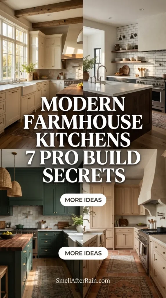 A collage of four stylish kitchen interiors featuring sage green, white, and natural wood cabinetry with text overlay 32 Kitchen Inspiration Ideas 2026. The images showcase open concepts, subway tiles, and vintage runners, illustrating Modern Farmhouse Kitchens 7 Pro Build Secrets for a timeless home renovation.