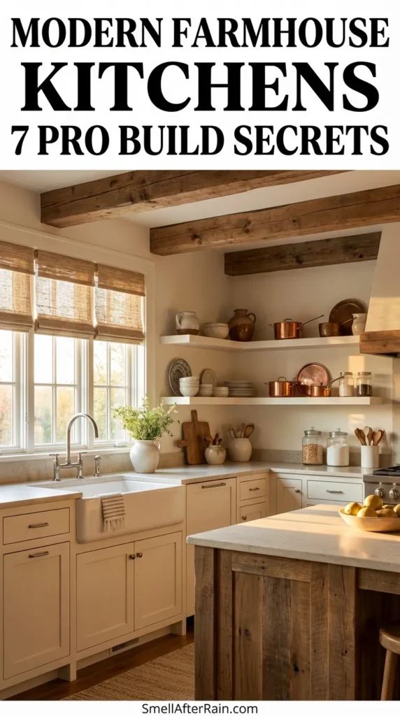 A warm, neutral kitchen design featuring a white farmhouse sink, butcher block countertops, and open shelving with vintage jars. A large window with a linen shade lets in natural light. Perfect inspiration for Modern Farmhouse Kitchens 7 Pro Build Secrets, covering cabinetry, flooring, and final styling.