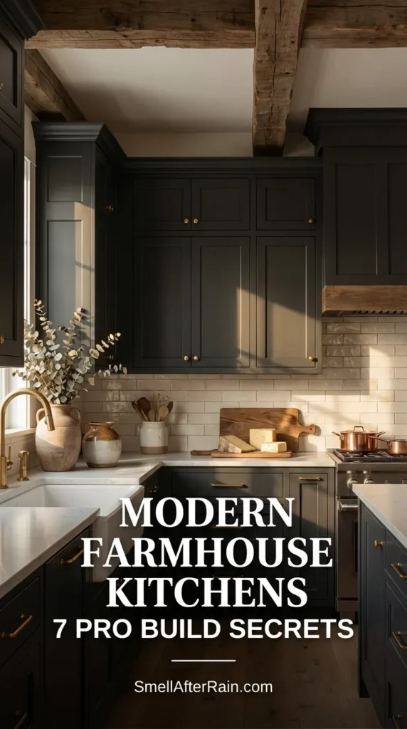 A stunning dark kitchen design featuring charcoal cabinets, exposed rustic wood beams, and white subway tiles, illustrating Modern Farmhouse Kitchens 7 Pro Build Secrets with gold hardware and light wood flooring.