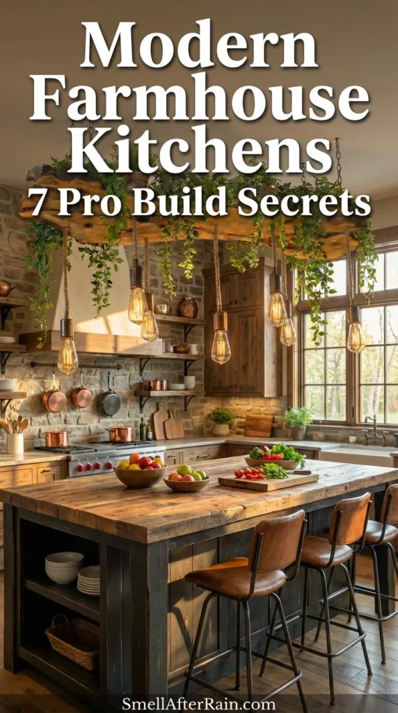 A warm, rustic kitchen featuring a large wooden island and a stunning live-edge wood chandelier draped in greenery and Edison bulbs. The room has stone brick walls, copper pots on a rack, and open shelving, perfectly illustrating Modern Farmhouse Kitchens 7 Pro Build Secrets regarding lighting layers and texture blending.