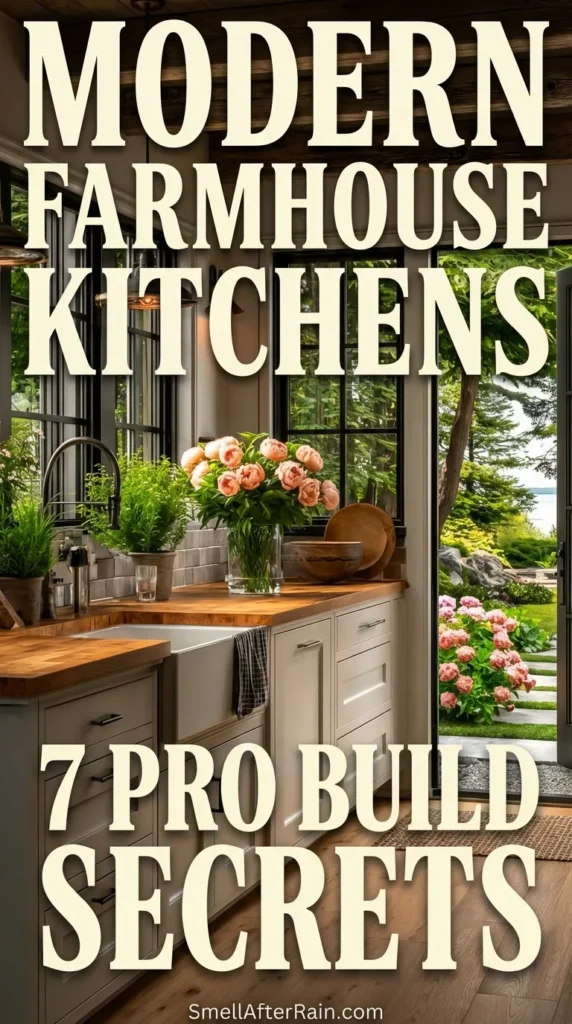 A sunlit kitchen featuring white cabinetry, butcher block countertops, and a classic farmhouse sink, visually representing Modern Farmhouse Kitchens 7 Pro Build Secrets. The room includes black steel windows opening to a garden, rustic wood ceiling beams, pendant lighting, and a vase of pink peonies, showcasing the balance between rustic structure and refined styling.