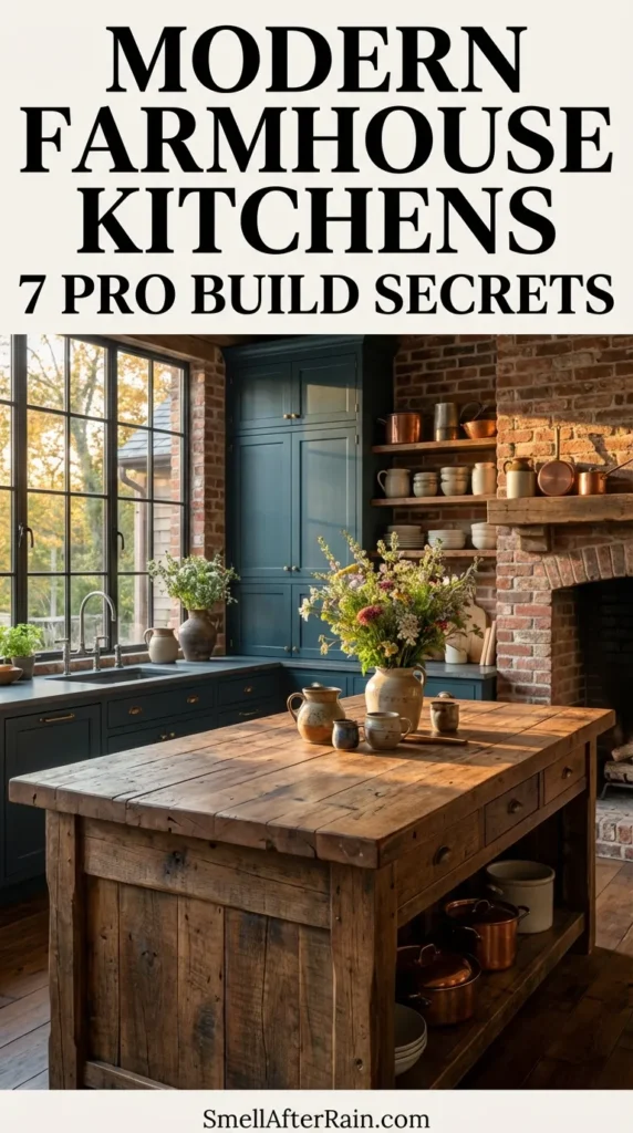 A moody, rustic kitchen featuring dark blue cabinetry, a large butcher block island, and exposed brick walls. An industrial chandelier hangs from wooden ceiling beams, illuminating vintage stools and a wildflower arrangement. This design exemplifies Modern Farmhouse Kitchens 7 Pro Build Secrets, highlighting texture, lighting, and architectural details.