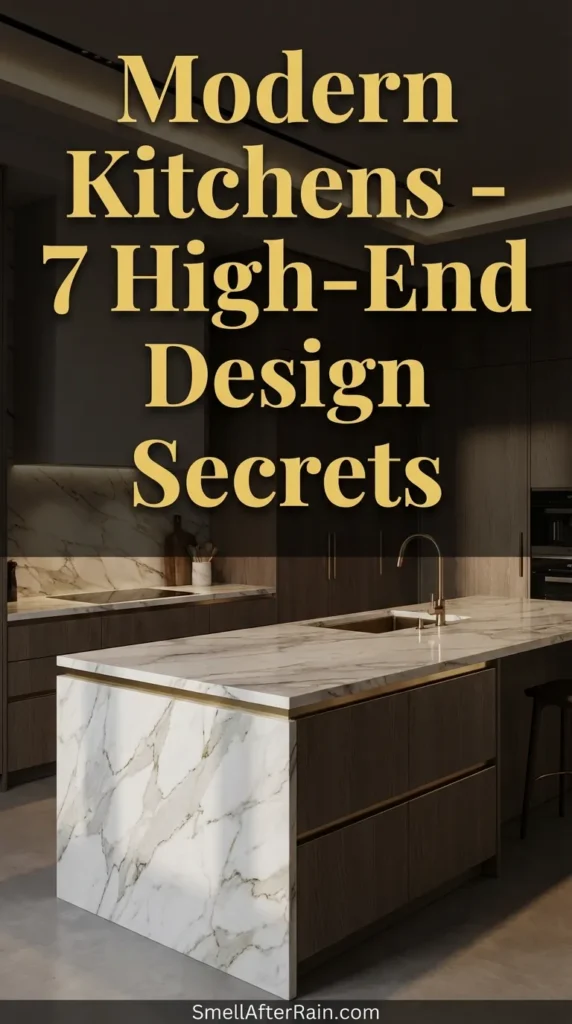 A photograph of a luxurious interior featuring warm neutral tones and a marble island, showcasing Modern Kitchens - 7 High-End Design Secrets. The space highlights minimalist cabinetry that conceals clutter, architectural lighting fixtures, and high-end natural materials that define the old money aesthetic.