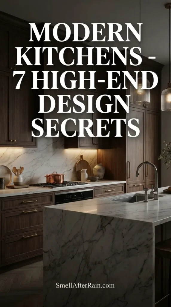 A sophisticated interior view showcasing Modern Kitchens - 7 High-End Design Secrets, featuring a warm neutral palette, a sculptural stone island, and concealed cabinetry. The space highlights the old money aesthetic with dramatic lighting and high-quality natural materials.