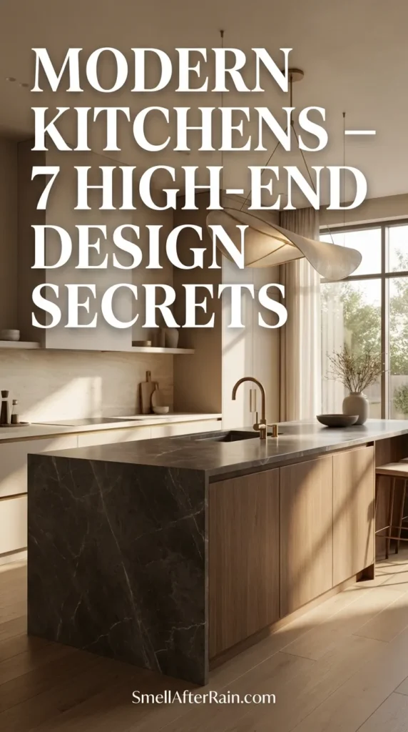 A luxurious interior displaying Modern Kitchens - 7 High-End Design Secrets with a large stone island, warm neutral tones, and concealed appliances. The lighting serves as a focal point, highlighting the architectural details and premium materials used in this sophisticated space.