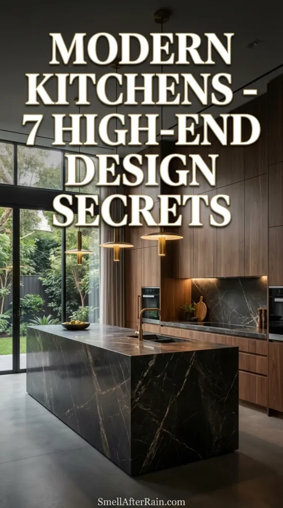 A sophisticated kitchen interior showcasing warm neutral tones and a massive stone island, illustrating Modern Kitchens - 7 High-End Design Secrets. The space features concealed cabinetry for a minimalist look, architectural lighting, and high-quality materials that define the old money aesthetic.