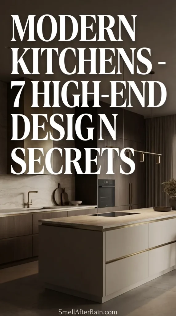 A photograph showing a luxurious interior exemplifying Modern Kitchens - 7 High-End Design Secrets, featuring a large marble island with dramatic veining, warm neutral cabinetry, concealed appliances for a minimalist look, and architectural pendant lighting.