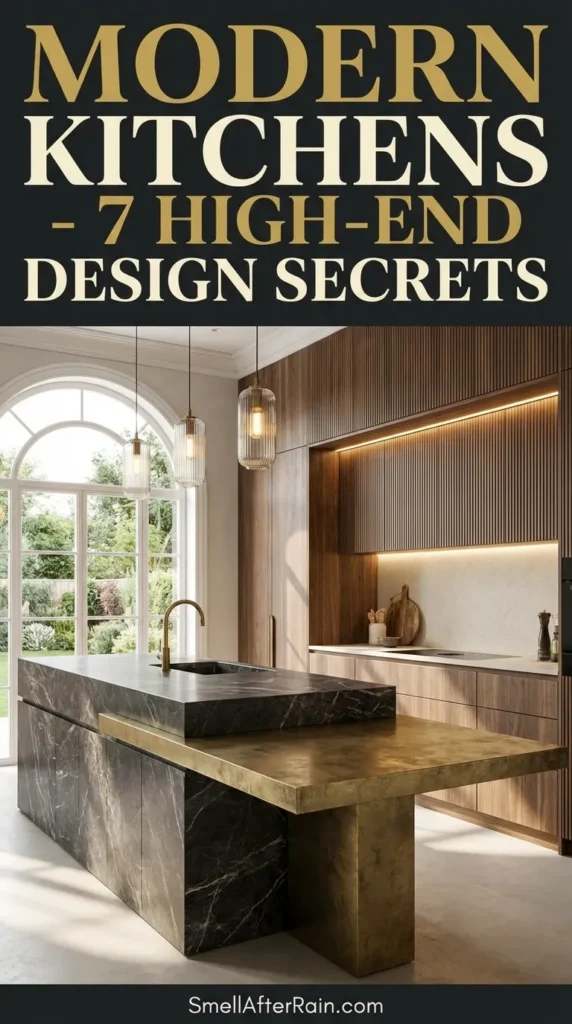 Sleek interior featuring Modern Kitchens - 7 High-End Design Secrets, showcasing a stone island, warm neutral color palette, and architectural lighting fixtures that embody the old money aesthetic.