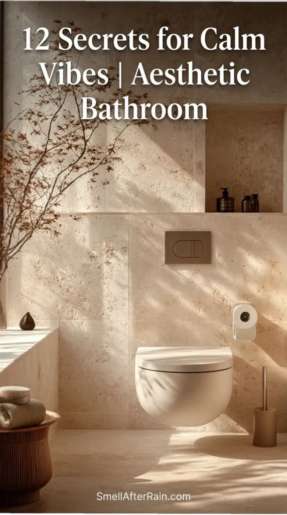A sunlit, minimalist bathroom featuring warm beige stone tiles and a wall-mounted toilet. Shadows from a leafy branch dance across the wall near a wooden stool holding towels, perfectly capturing the 12 Secrets for Calm Vibes | Aesthetic Bathroom design.