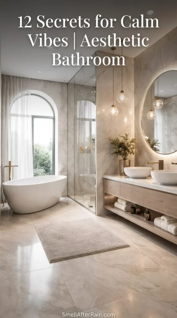 A luxurious and serene bathroom featuring floor-to-ceiling beige marble tiles. A white freestanding bathtub sits beneath a large arched window draped in sheer white curtains. A double vanity with warm wood cabinetry and white vessel sinks is illuminated by a large round backlit mirror and delicate glass pendant lights. A glass-enclosed shower adds to the spacious feel, illustrating the 12 Secrets for Calm Vibes | Aesthetic Bathroom decor.