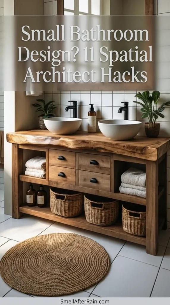 A stylish bathroom featuring a live-edge wood vanity with double vessel sinks and black fixtures, set against white grid tiles. Woven baskets on open shelves and a jute rug add texture, illustrating concepts from Small Bathroom Design? 11 Spatial Architect Hacks.