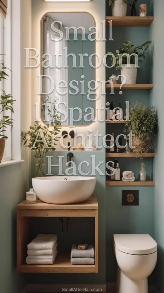 A modern small bathroom featuring a floating wood vanity with a vessel sink and open bottom shelf. Built-in wooden niche shelves situated above the toilet hold potted plants and toiletries against a soft teal wall. An LED backlit mirror provides ambient lighting. This setup exemplifies Small Bathroom Design? 11 Spatial Architect Hacks for maximizing vertical storage.