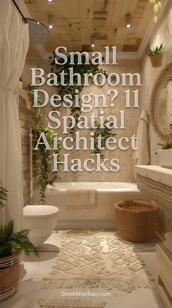 A cozy, bohemian small bathroom featuring a wooden plank ceiling with warm recessed lighting. Lush green pothos plants hang from the ceiling and walls, cascading down white tiles with a subtle map pattern. A white bathtub sits against the wall, complemented by a woven laundry basket and a textured cream rug. This setup illustrates Small Bathroom Design? 11 Spatial Architect Hacks by utilizing vertical space and natural elements to make a compact room feel airy and inviting.
