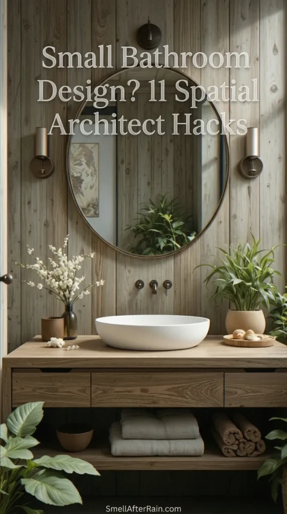 A serene, rustic modern bathroom featuring vertical wood paneling and a white vessel sink on a wooden vanity. A large round mirror reflects greenery and natural light, illustrating Small Bathroom Design? 11 Spatial Architect Hacks. Wall sconces provide soft lighting, creating a spacious feel in a compact room.