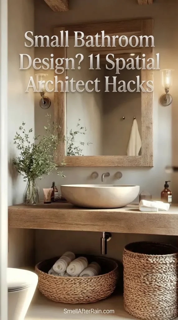 A cozy, rustic-modern bathroom featuring a chunky wood floating vanity, a round stone vessel sink, and a large wood-framed mirror. Warm wall sconces illuminate the neutral walls, while woven baskets under the counter offer hidden storage. This setup illustrates a smart Small Bathroom Design? 11 Spatial Architect Hacks like this help maximize floor space and add warmth to compact interiors.