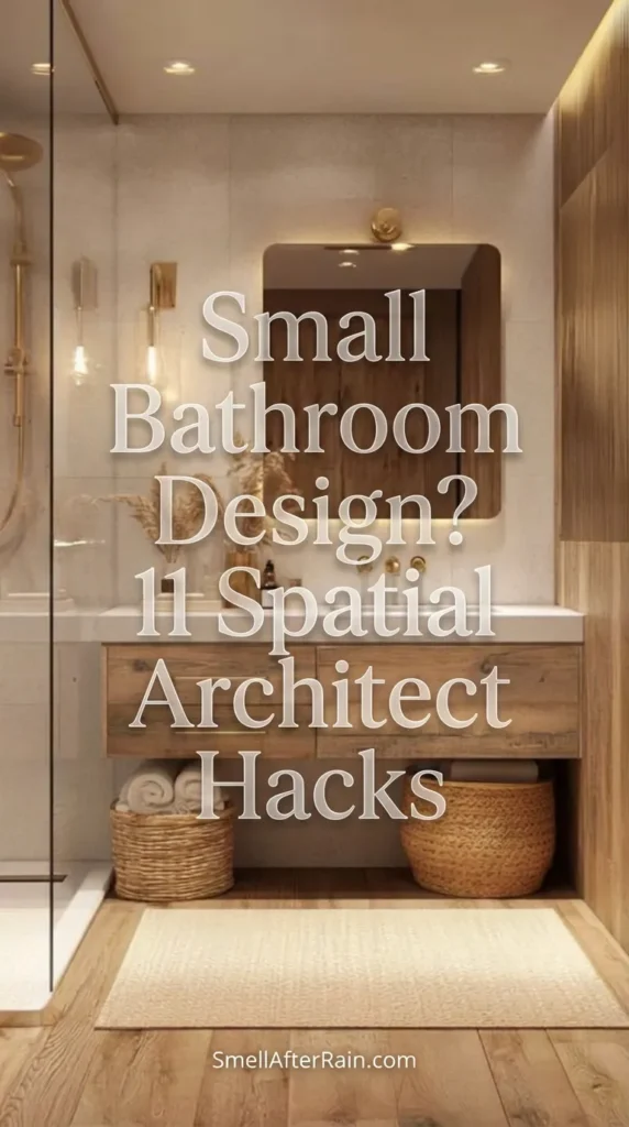 A chic, compact bathroom featuring a wooden floating vanity, backlit mirror, and woven storage baskets under the sink. The design utilizes a glass shower wall and warm lighting to enhance the sense of openness, illustrating Small Bathroom Design? 11 Spatial Architect Hacks for modern homes.