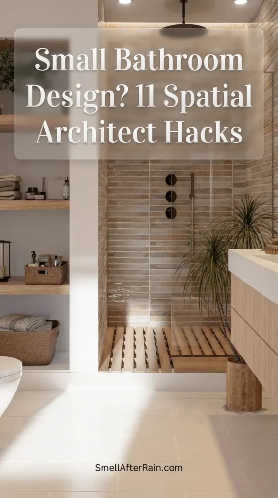 A serene, modern bathroom featuring a glass walk-in shower with vertical beige tiles and a wooden slat floor. To the left, built-in shelving holds organized baskets and towels, while a floating wood vanity adds floor space. This setup illustrates Small Bathroom Design? 11 Spatial Architect Hacks, using verticality and open sightlines to enhance a compact room.