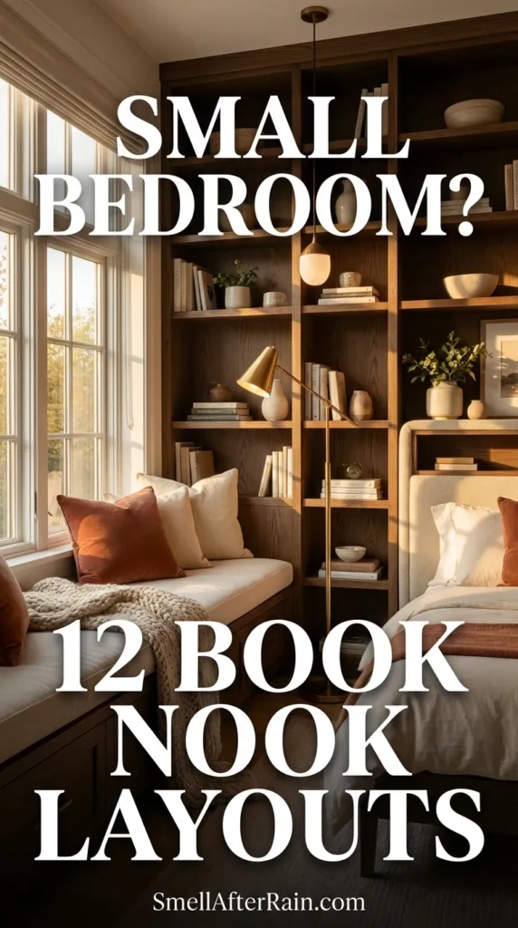 A cozy reading corner featuring a beige armchair with a textured knit blanket, illuminated by a warm table lamp. Three floating wooden shelves above display a collection of books and greenery. A side table holds a steaming cup of coffee next to a window. This setup illustrates solutions for the query: Small Bedroom? 12 Book Nook Layouts, focusing on vertical expansion and lighting layering.