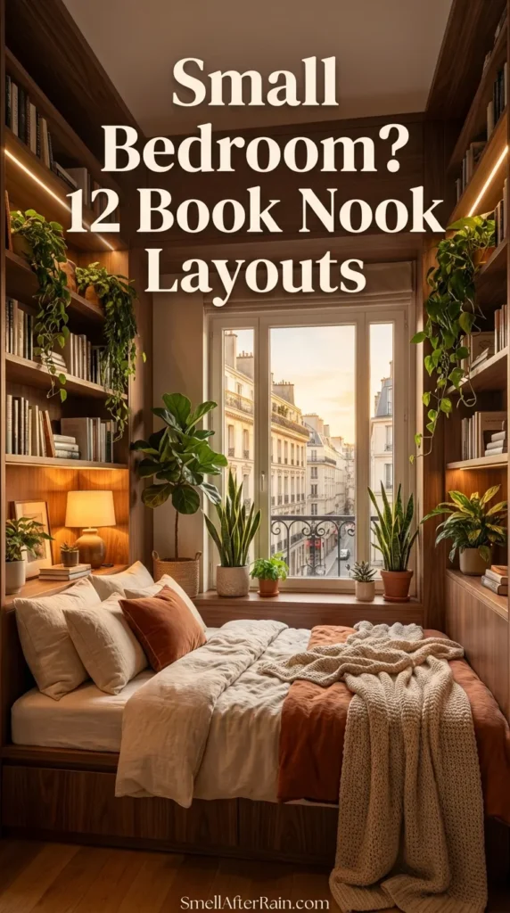 A cozy, sunlit reading corner featuring a plush window seat daybed filled with pillows and an open book. Hanging pothos plants and warm candlelight frame the space, while floor-to-ceiling bookshelves line the left wall. This design exemplifies Small Bedroom? 12 Book Nook Layouts that maximize vertical space and natural light for a comfortable home library.
