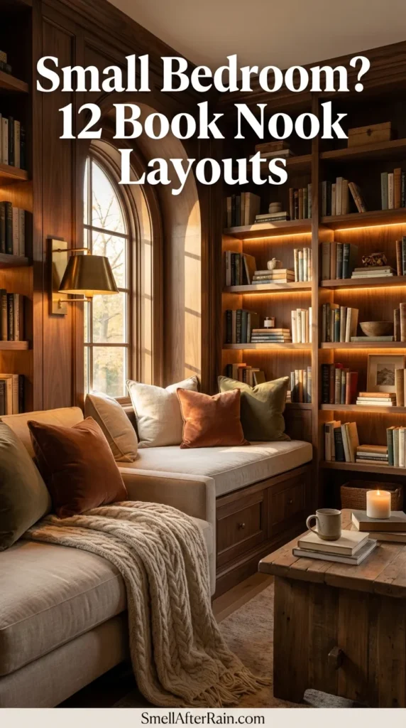 A warm and cozy reading nook built into an alcove, featuring wooden shelves wrapped in fairy lights. The bench is styled with burnt orange and plaid pillows, a chunky knit throw, and a side table with a candle, illustrating Small Bedroom? 12 Book Nook Layouts for maximizing vertical space.