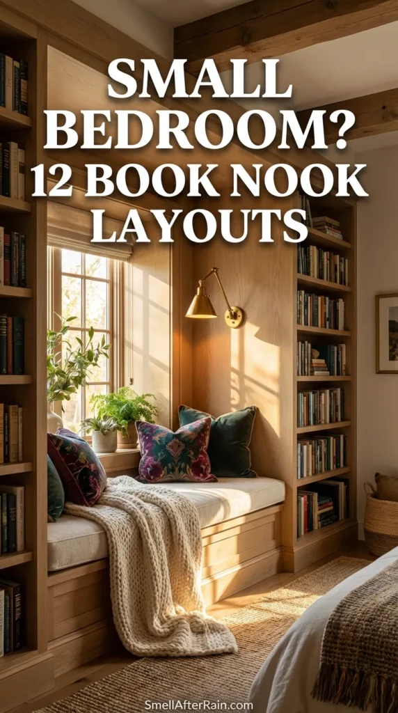 A warm and inviting reading corner featuring floor-to-ceiling bookshelves packed with books, positioned next to a bright window with potted plants. The nook includes a comfortable daybed with floral pillows and a patterned throw blanket, showcasing how to design for a Small Bedroom? 12 Book Nook Layouts are illustrated to inspire maximizing vertical space and comfort.