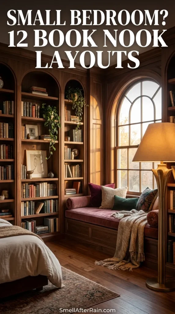 A cozy bedroom corner featuring white built-in floor-to-ceiling bookshelves that wrap around the walls, creating a custom headboard effect. The shelves are filled with books and trailing plants, illuminated by warm recessed lighting. The bed features textured throw pillows and a brown blanket, showcasing Small Bedroom? 12 Book Nook Layouts that maximize vertical space.
