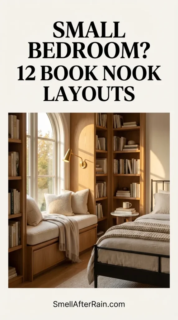 A cozy bedroom design featuring built-in white bookshelves surrounding a window seat with sheer curtains. An antique desk with a typewriter sits next to the shelves, and an iron bed frame with cozy linens occupies the right side. This interior inspiration answers the question: Small Bedroom? 12 Book Nook Layouts offer practical solutions like floor-to-ceiling joinery and window seating to maximize storage and style.