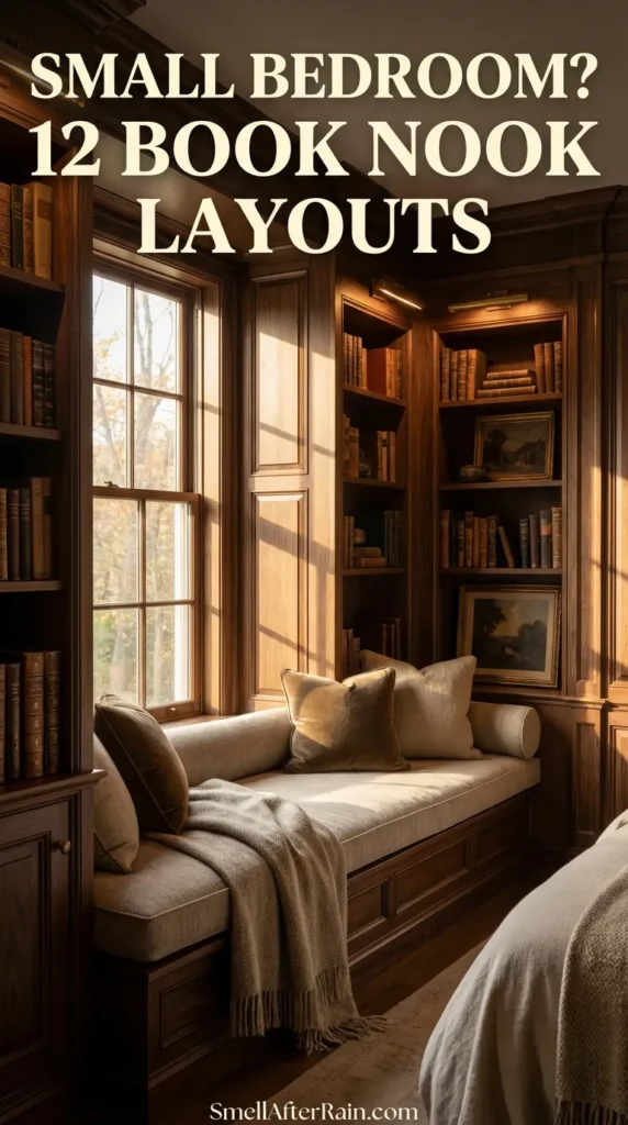 A cozy reading nook featuring a wooden daybed with beige pillows and a chunky knit blanket positioned under a window. Floor-to-ceiling bookshelves line the left wall while floating shelves decorate the right corner. Warm sconce lighting creates a relaxing atmosphere. Ideal inspiration for a Small Bedroom? 12 Book Nook Layouts.