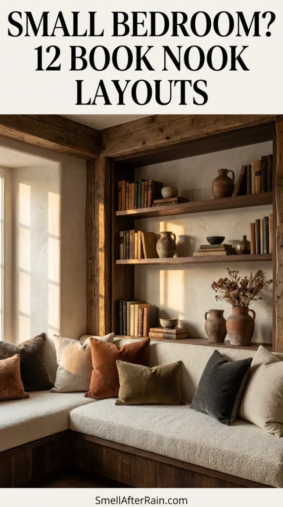 A cozy, rustic reading nook built into a wooden alcove next to a textured stone wall, illustrating Small Bedroom? 12 Book Nook Layouts. The space features three levels of floating wooden shelves filled with books and trailing greenery. A comfortable bench seat with a thick cream cushion and earth-toned throw pillows invites relaxation, while soft candlelight adds warmth to the vertical storage solution.