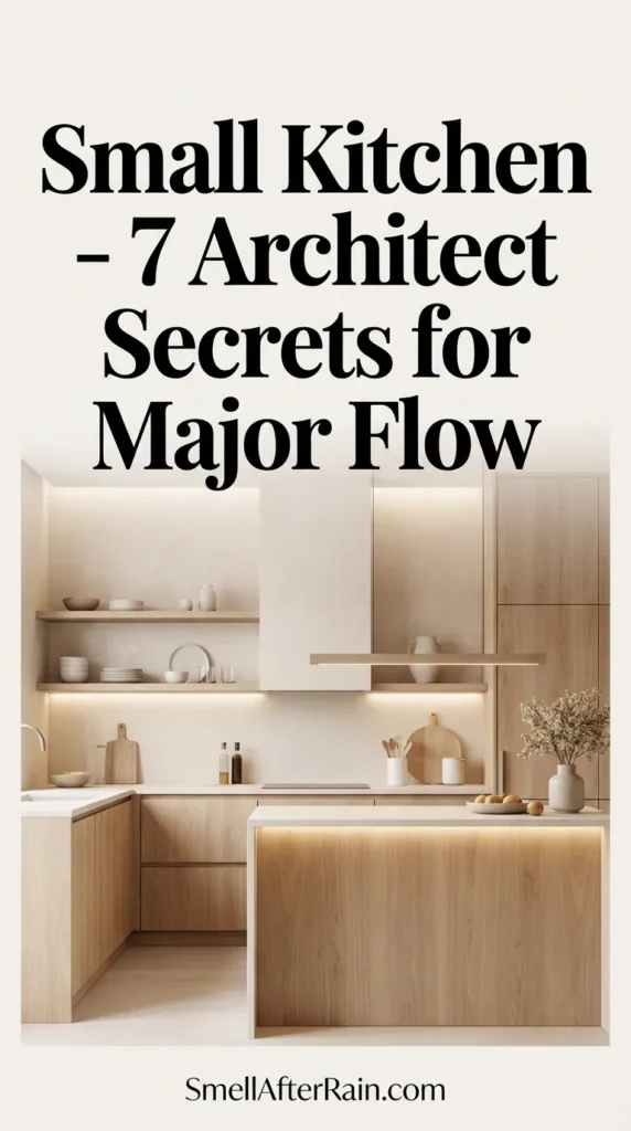 A bright, modern small kitchen featuring floor-to-ceiling cabinets and warm neutral tones. The design illustrates Small Kitchen - 7 Architect Secrets for Major Flow by utilizing vertical storage and layered lighting to create a spacious feel. Open shelving and stone surfaces reflect light, demonstrating the open kitchen design illusion.