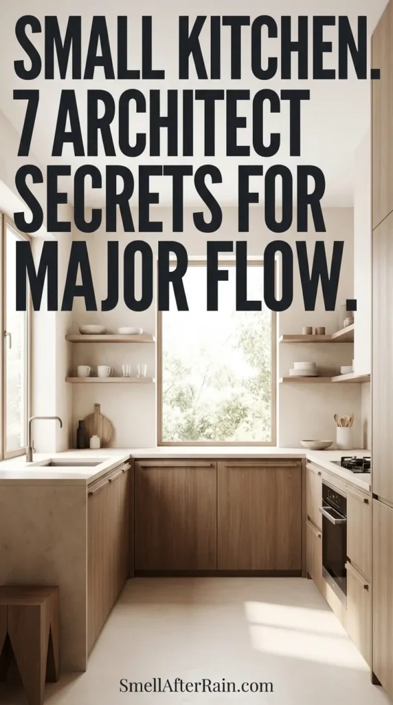 A photo showing a beautifully organized compact kitchen illustrating Small Kitchen - 7 Architect Secrets for Major Flow. The design features floor-to-ceiling cabinets for vertical storage, warm neutral tones to enhance light, and layered lighting to expand the visual space.