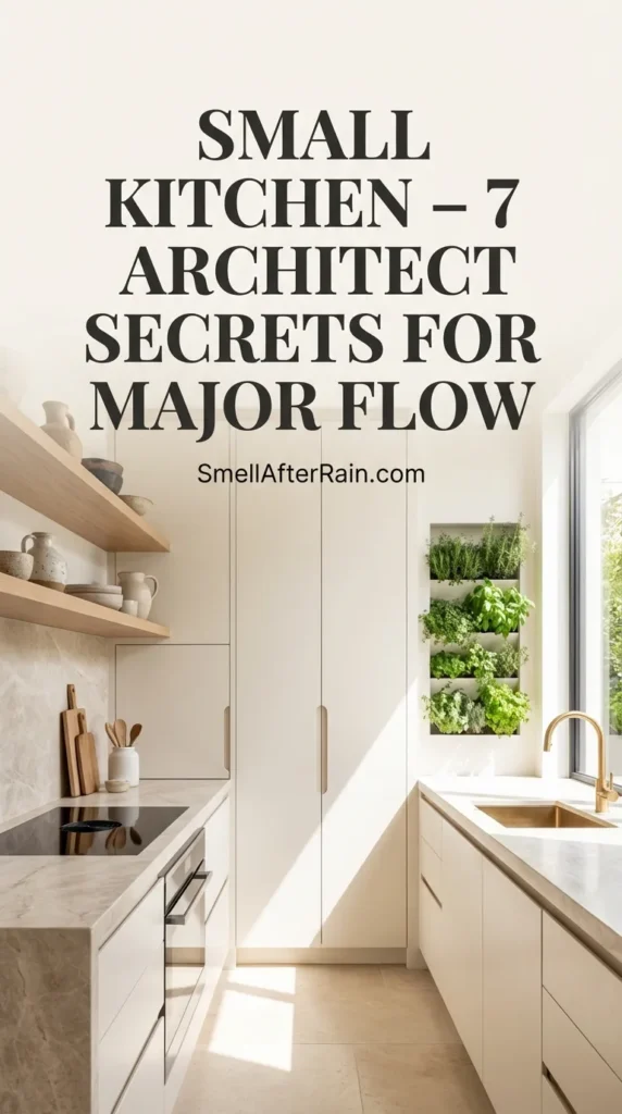 A beautifully designed compact kitchen featuring floor-to-ceiling warm neutral cabinetry and strategic under-cabinet lighting. The layout illustrates a Small Kitchen - 7 Architect Secrets for Major Flow, showing how vertical storage and cohesive material choices can make a tight space feel open and airy.