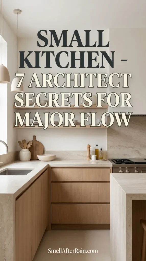 A bright, organized modern kitchen demonstrating Small Kitchen - 7 Architect Secrets for Major Flow, featuring floor-to-ceiling cabinets, warm neutral tones, and strategic lighting that maximizes volume in a compact space.