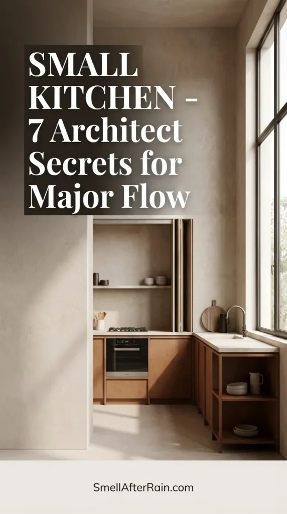 A bright, modern interior showing a compact cooking area with floor-to-ceiling cabinets and warm neutral tones, illustrating Small Kitchen - 7 Architect Secrets for Major Flow. The design features layered lighting, smart vertical storage, and earthy textures that maximize volume in minimal footage.