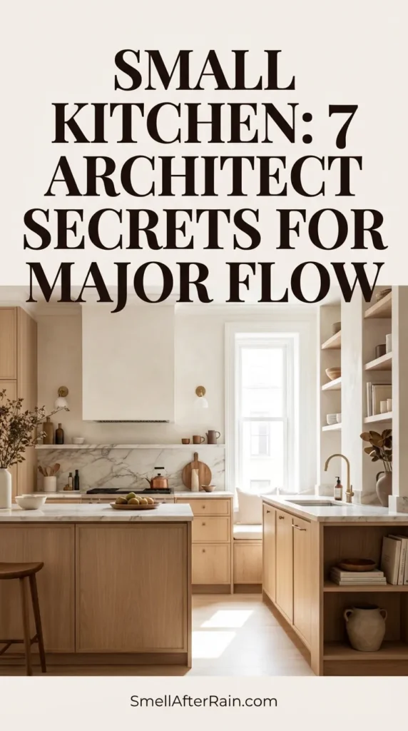 A modern, compact kitchen featuring warm neutral tones and floor-to-ceiling cabinetry that demonstrates vertical storage. The bright space illustrates Small Kitchen - 7 Architect Secrets for Major Flow by using layered lighting and clever layout tricks to maximize volume in minimal footage, creating an open and airy aesthetic.