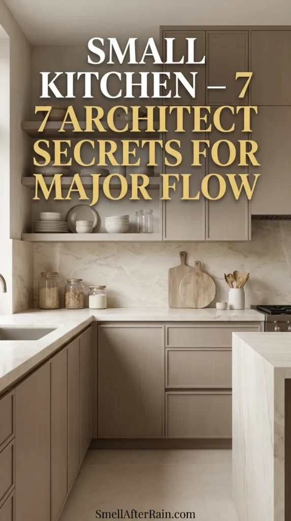A bright, modern small kitchen featuring warm neutral cabinets, floor-to-ceiling vertical storage, and layered lighting, effectively demonstrating Small Kitchen - 7 Architect Secrets for Major Flow.