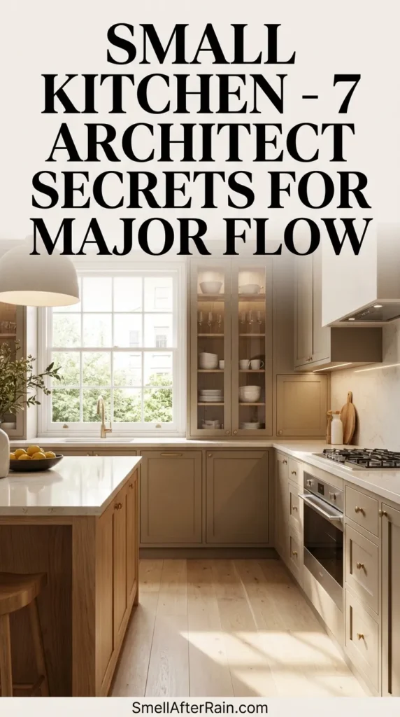 A bright, modern interior featuring warm neutral tones and floor-to-ceiling cabinetry that demonstrates the Small Kitchen - 7 Architect Secrets for Major Flow. The space utilizes vertical storage and layered lighting architecture to create an open illusion within a compact footprint.