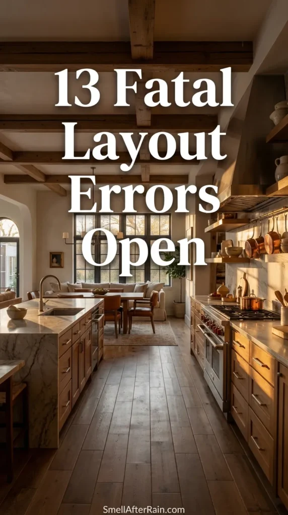 A stunning open concept kitchen with exposed wooden beams, a large central island, and warm hardwood floors, representing a successful layout that avoids the 13 Fatal Layout Errors Open Kitchen Design. The space features stainless steel appliances, open shelving, and excellent natural light from large windows.