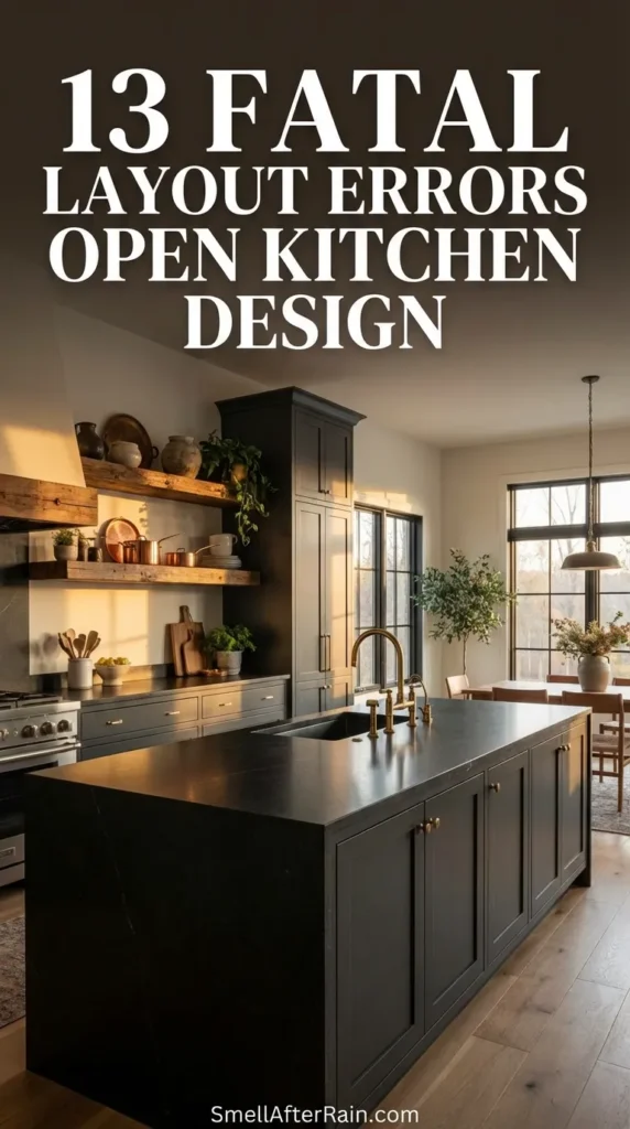 A stunning modern rustic kitchen with dark gray cabinets, natural wood open shelving, and a large stone island, serving as inspiration to avoid 13 Fatal Layout Errors Open Kitchen Design. The space features warm under-cabinet lighting and organized utensils.