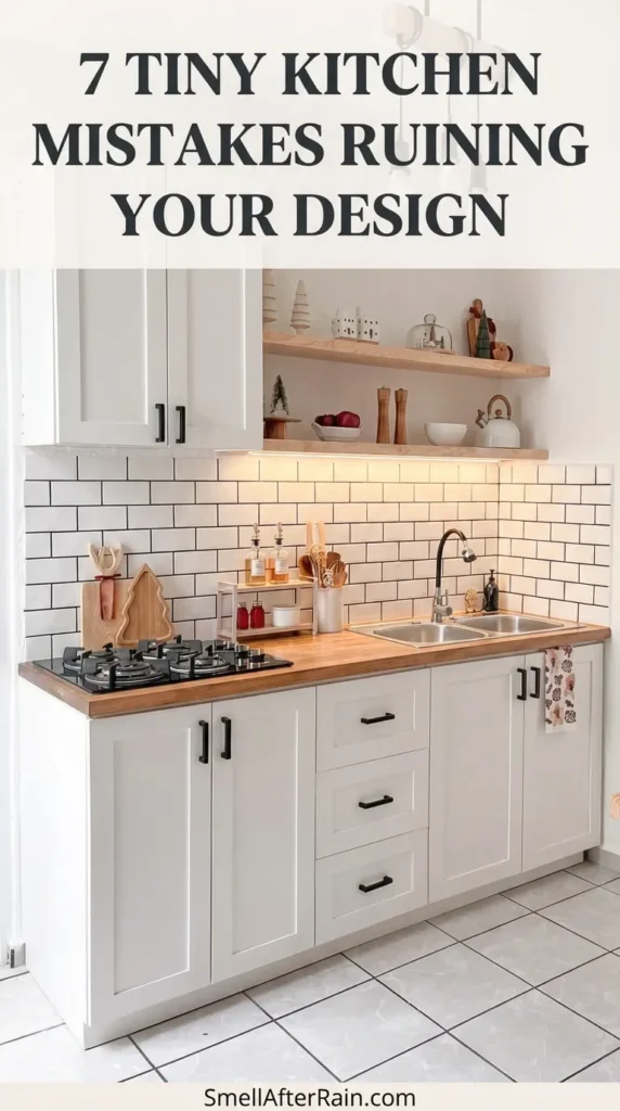 A bright small kitchen featuring white shaker cabinets, white subway tile backsplash, and wooden butcher block countertops. The design uses open shelving and industrial pendant lighting to maximize space. Learn to avoid 7 Tiny Kitchen Mistakes Ruining Your Design with these layout tips.