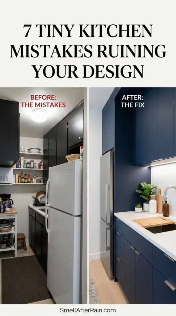 A neatly organized small kitchen counter featuring a white toaster tucked under a bamboo riser shelf holding ceramic canisters for espresso, sugar, and tea next to a white electric kettle and knife block, illustrating how to avoid 7 Tiny Kitchen Mistakes Ruining Your Design by maximizing vertical surface area.
