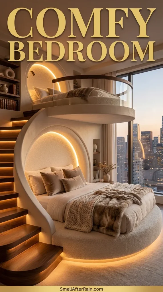 A stunning and comfy bedroom featuring a unique two-level design. The lower level has a large plush circular seating area nestled in a white ring frame, while lighted stairs lead to a cozy loft bed above. Large floor-to-ceiling windows showcase a rainy city night view. Warm fairy lights and ambient lighting create a magical atmosphere.