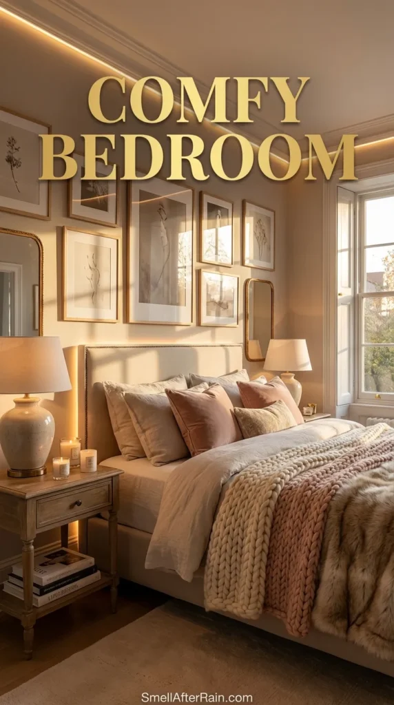 A warm and inviting Comfy Bedroom setup featuring blush pink and cream fluffy bedding with layers of textured pillows. Warm string lights hang along the ceiling corners bordering a gallery wall of framed art prints. A white bookshelf filled with books and small plants sits next to the bed, completing the cozy aesthetic.