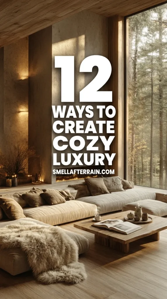 12 Ways to Create Cozy Luxury: A serene living room featuring floor-to-ceiling windows facing a pine forest, low-profile beige sectional sofas, a sleek concrete fireplace, and warm wooden ceilings.