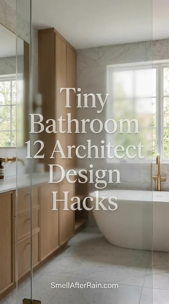 A bright and modern small bathroom featuring clever storage solutions and a glass shower enclosure to open up the space. This design illustrates one of our Tiny Bathroom 12 Architect Design Hacks, showing how vertical tiling and strategic lighting can make a cramped washroom feel spacious and luxurious.