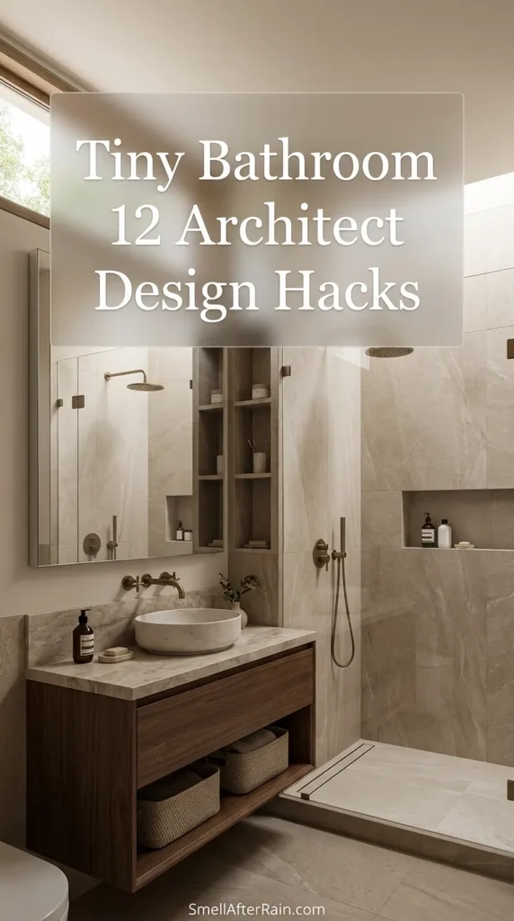 A bright, modern small bathroom interior featuring a floating vanity, large mirror, and glass shower enclosure, demonstrating Tiny Bathroom 12 Architect Design Hacks for maximizing limited floor space and style.
